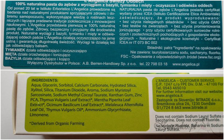L’Angelica, Świeży oddech – 100% naturalna pasta do zębów (bez fluoru, SLS i sacharyny)